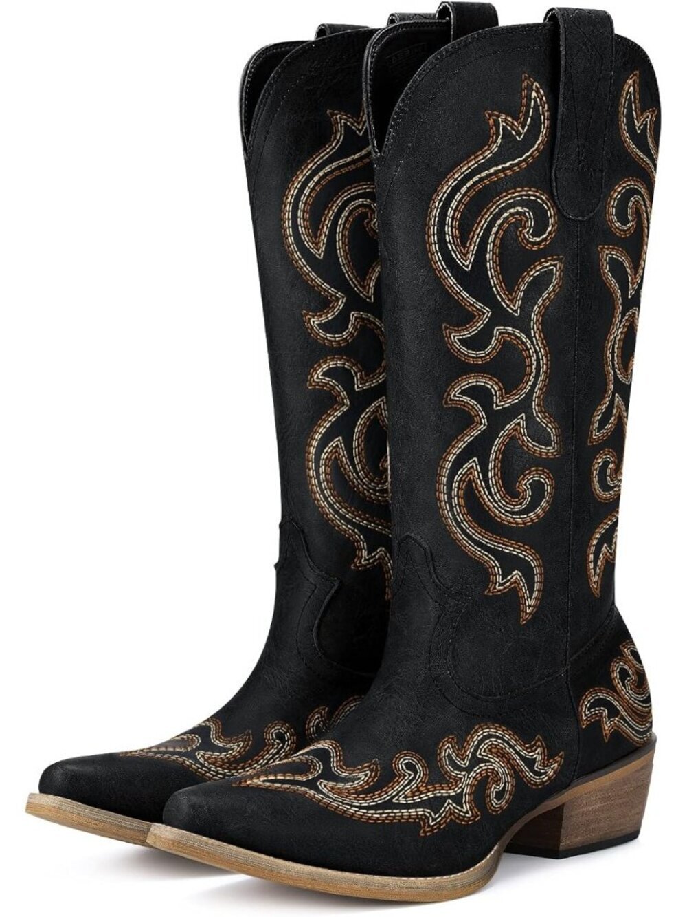 Women's Western Cowgirl Boots Black Chunky Heel Ladies Snip Toe Mid-Calf Boots - Picture 1 of 6